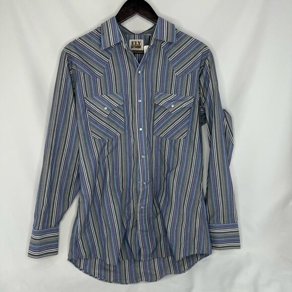 Vintage Ely Cattleman Mens Pearl Snap Shirt Medium Blue Striped Long Sleeve - Picture 1 of 5